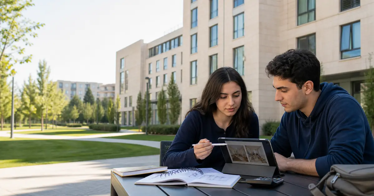 Üniversite yurdu önünde oda seçeneklerini ve bütçeyi karşılaştıran öğrenciler