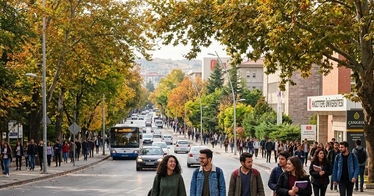 Çankaya, Ankara'da ağaçlı bir cadde ve öğrencilerin yürüdüğü sokak görünümü