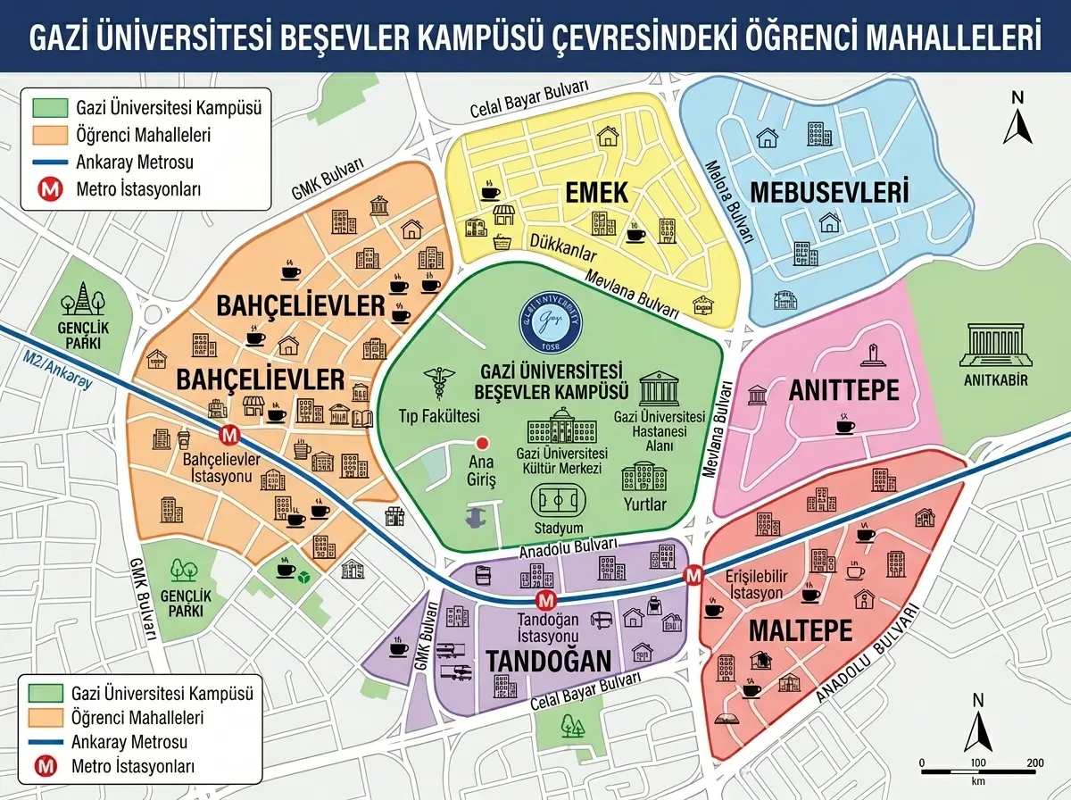 Gazi Üniversitesi Beşevler kampüsü çevresindeki öğrenci semtlerini gösteren görsel
