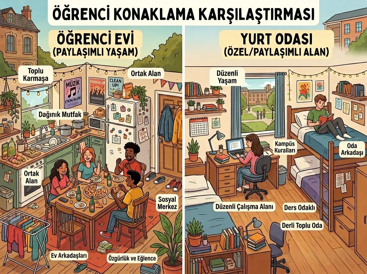 Öğrenci evi ile yurt odasını karşılaştırmalı gösteren illüstrasyon