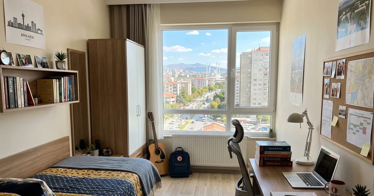Ankara'da modern bir öğrenci yurdu odasının gündüz ışığında görünümü