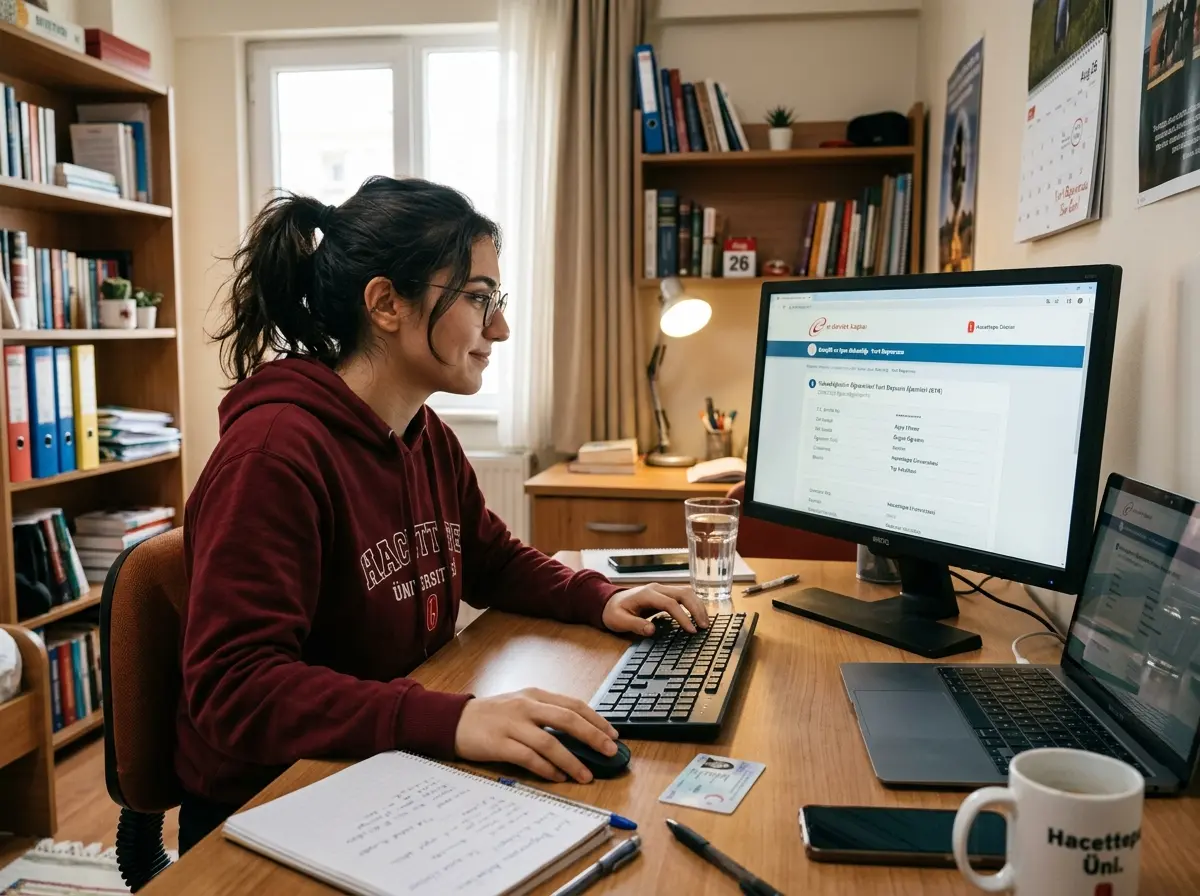 Bilgisayar başında e-Devlet üzerinden yurt başvurusu yapan bir öğrenci